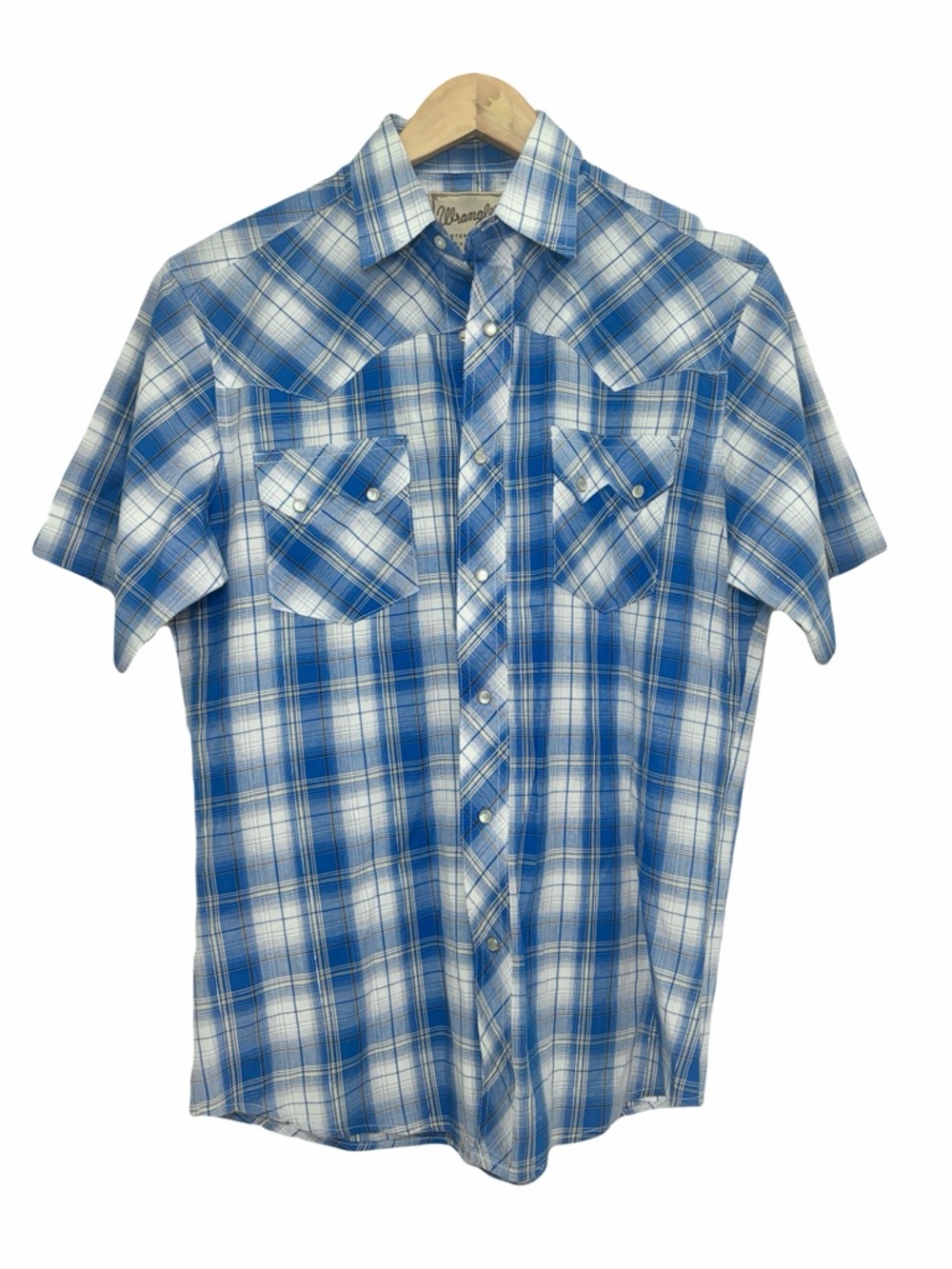 Wrangler Western Shirt Mens Plaid Short Sleeve Pearl Snap Rodeo Cowboy Sz Medium
